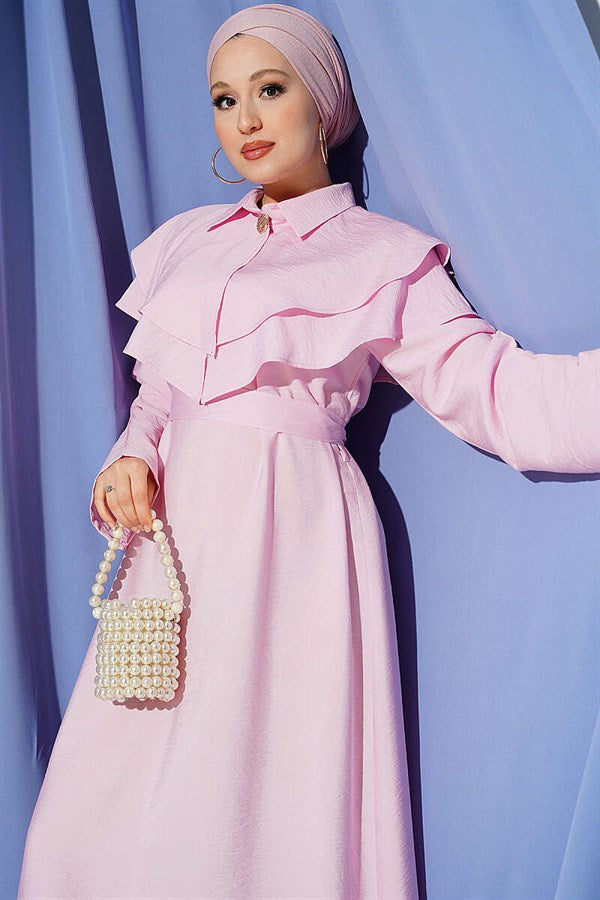 Pink Dress with Double Collar, Gold Buttons and Belt