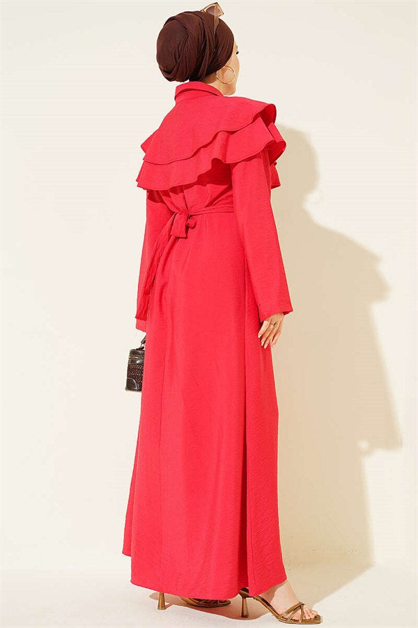Double Collar Gold Buttoned Belted Dress Red