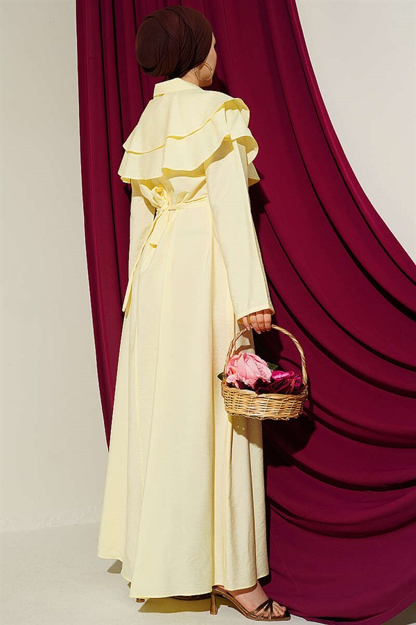 Double Collar Gold Buttoned Belted Dress Yellow
