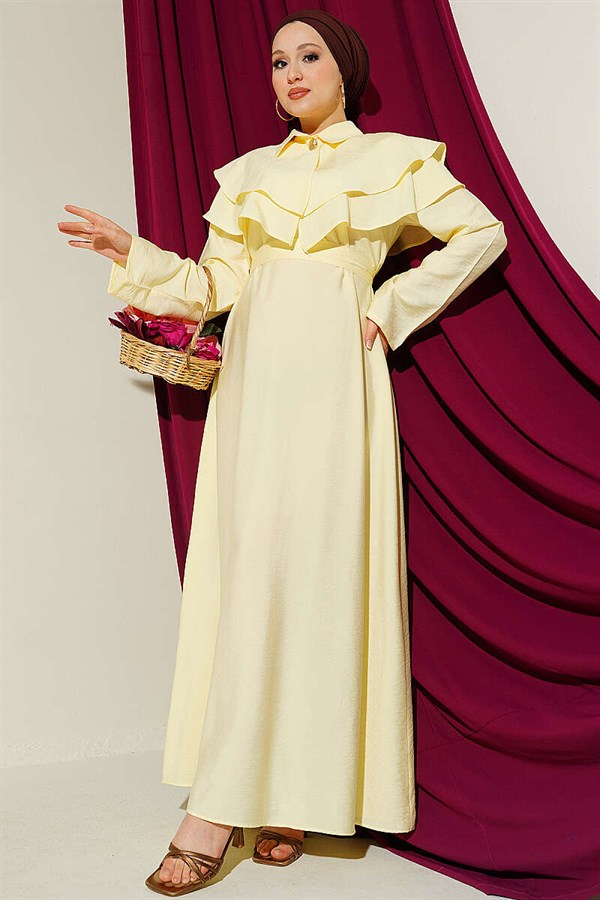 Double Collar Gold Buttoned Belted Dress Yellow