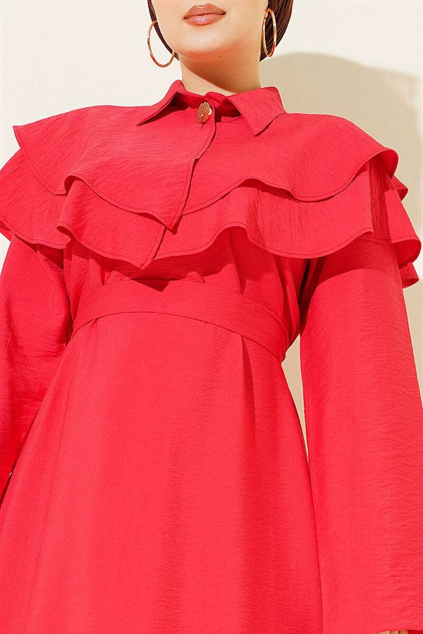 Double Collar Gold Buttoned Belted Dress Red