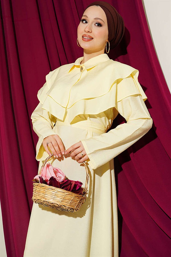 Double Collar Gold Buttoned Belted Dress Yellow