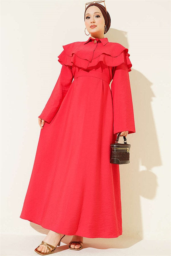 Double Collar Gold Buttoned Belted Dress Red