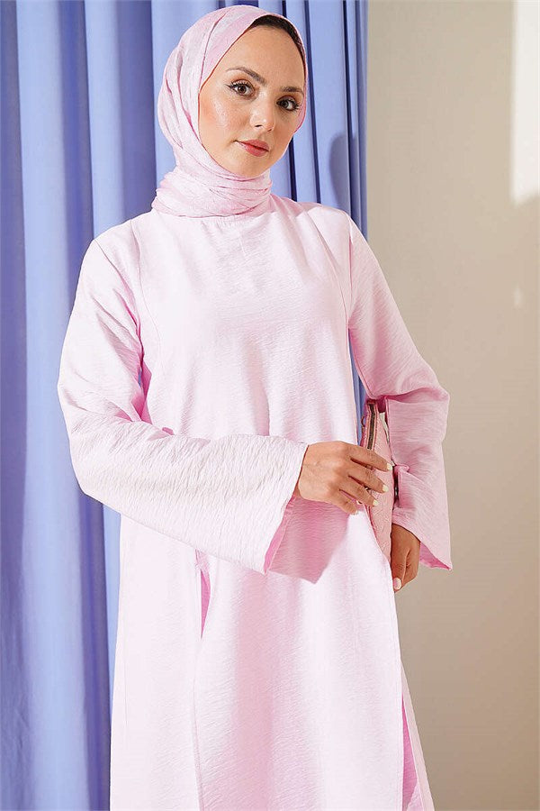 Two-Piece Set with Double Slit Long Tunic, Pink