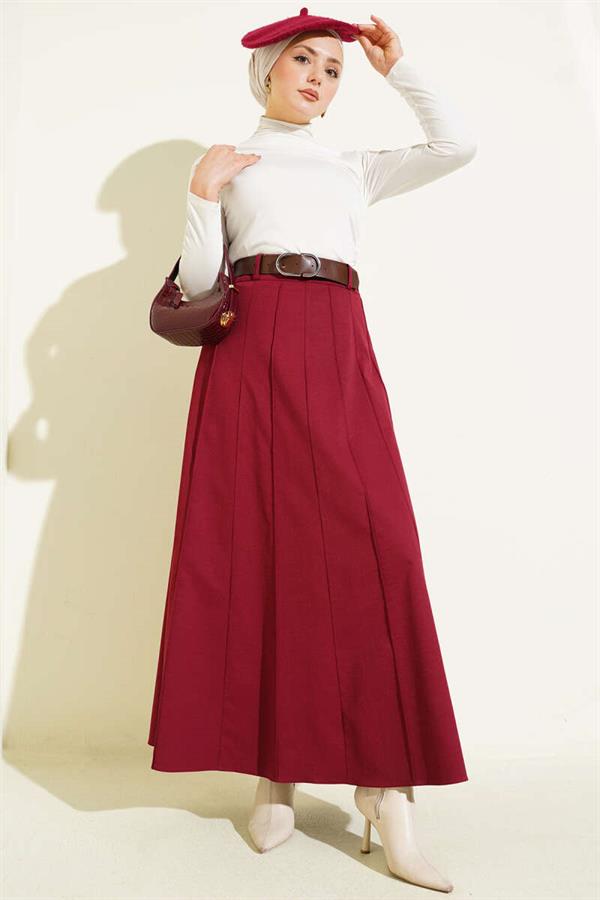 Striped Belted Skirt, Burgundy