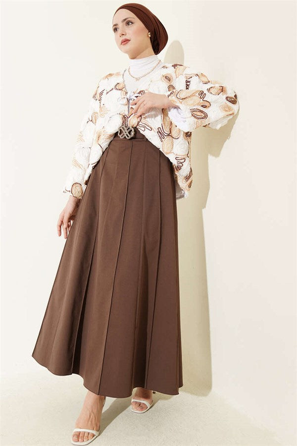 Striped Belted Skirt, Brown