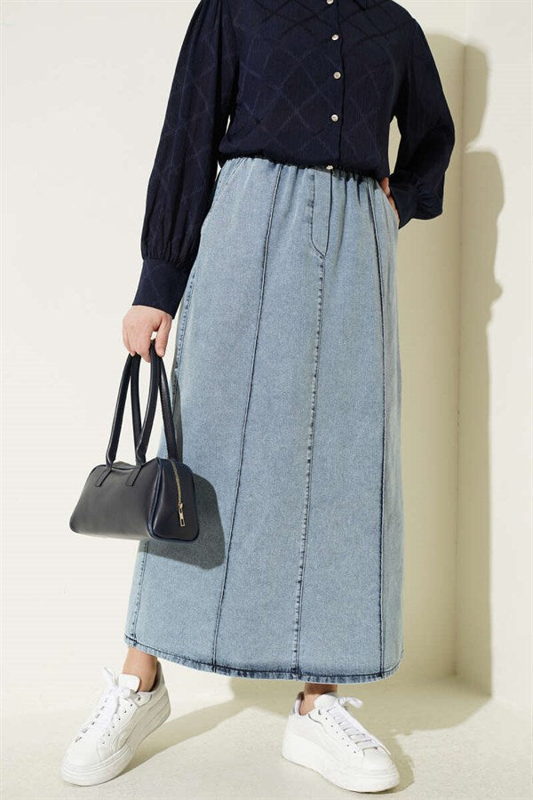 Chimali Elastic Waist Denim Skirt Light Blue