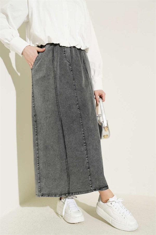 Chimali Elastic Waist Denim Skirt, Smoke Grey
