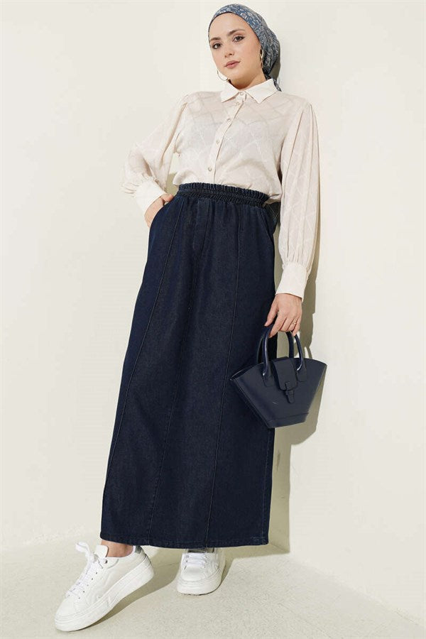 Navy Blue Denim Skirt with Elastic Waistband