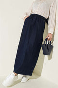 Navy Blue Denim Skirt with Elastic Waistband