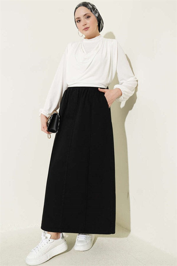 Chimali Elastic Waist Denim Skirt Black