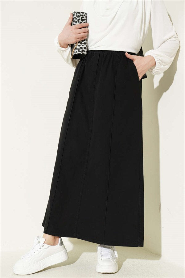 Chimali Elastic Waist Denim Skirt Black