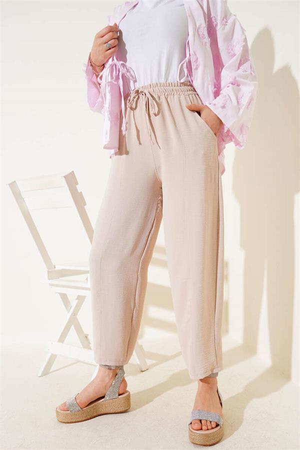Beige Plaid Tied Waist Trousers