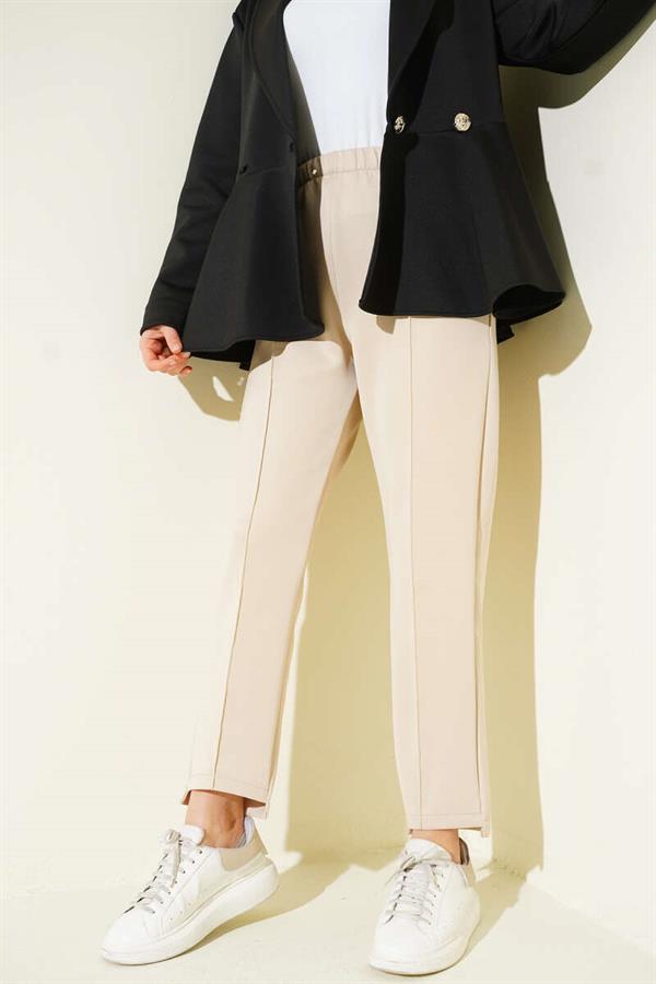 Narrow Leg Scuba Trousers with Ribbon, Beige