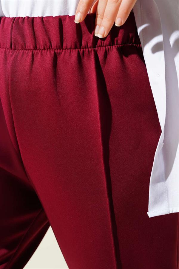 Narrow Leg Scuba Trousers with Rib Hole Burgundy
