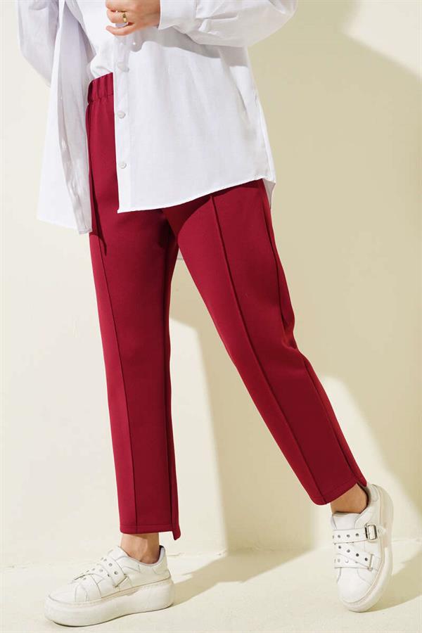 Narrow Leg Scuba Trousers with Rib Hole Burgundy