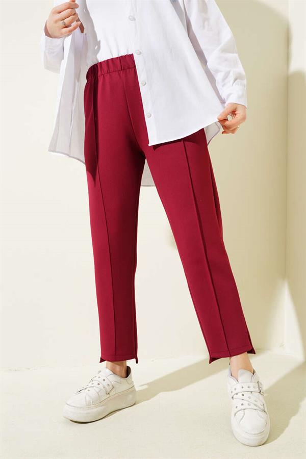 Narrow Leg Scuba Trousers with Rib Hole Burgundy