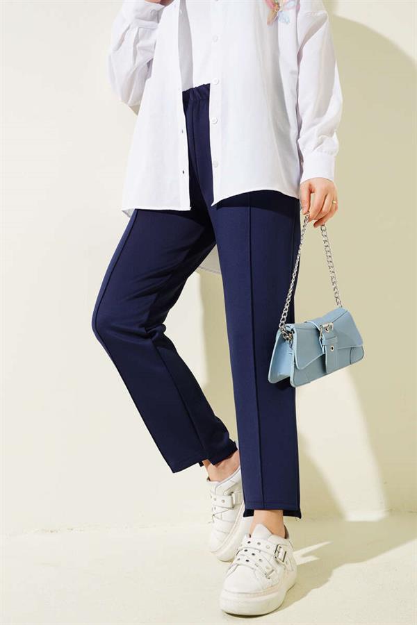 Narrow Leg Scuba Trousers Navy Blue