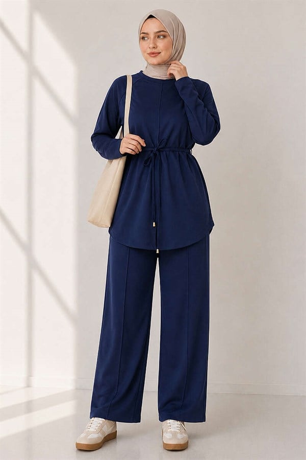 Loyşa 2 Piece Set with Rope Belt, Navy Blue