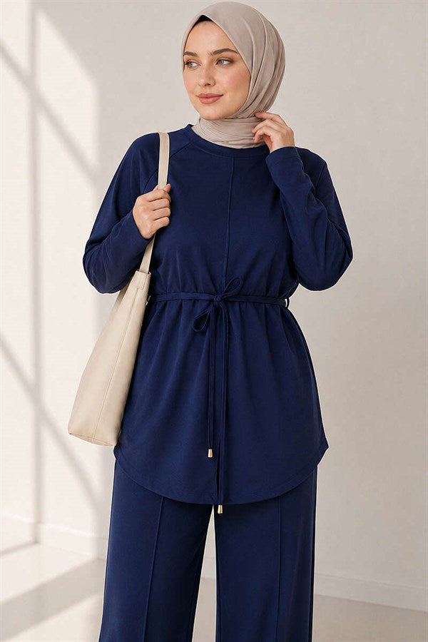 Loyşa 2 Piece Set with Rope Belt, Navy Blue