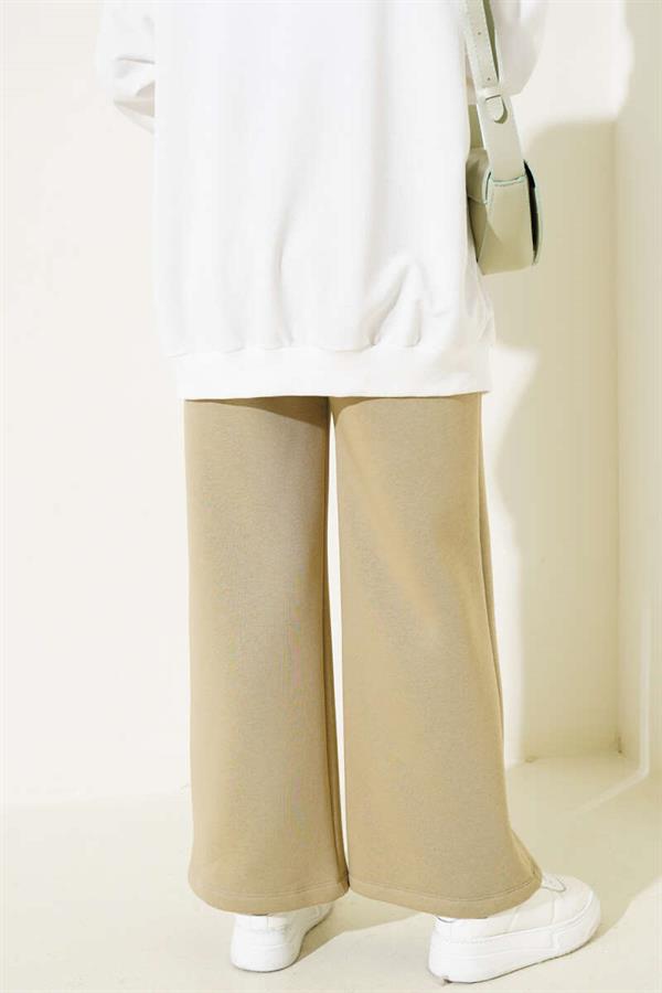 Three Thread Wide Leg Khaki Trousers with Pull-On Hem