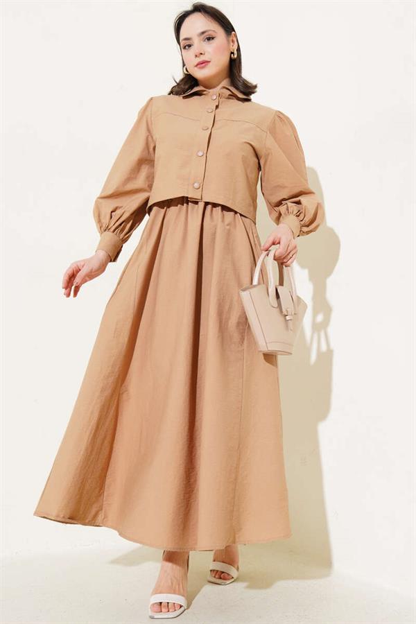 Snap Button Jacket Vest 2 Piece Set Latte