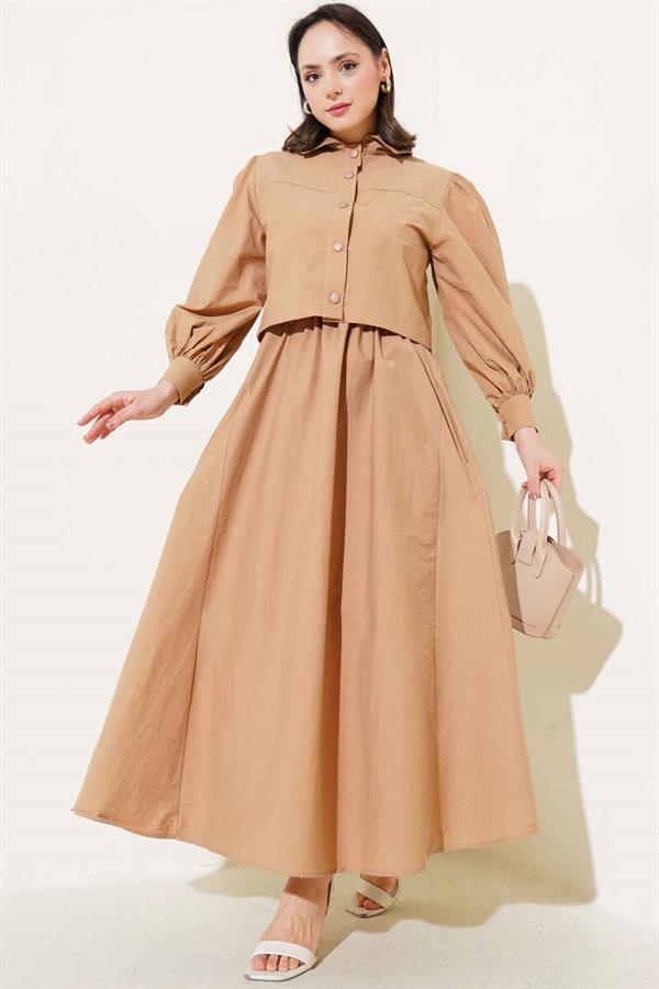Snap Button Jacket Vest 2 Piece Set Latte