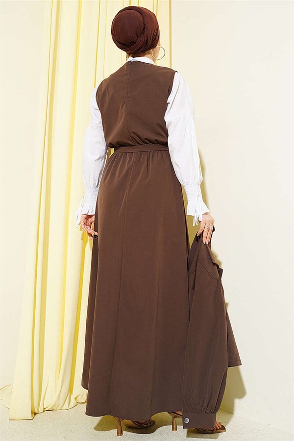 Snap Button Jacket and Vest 2 Piece Set in Coffee Brown