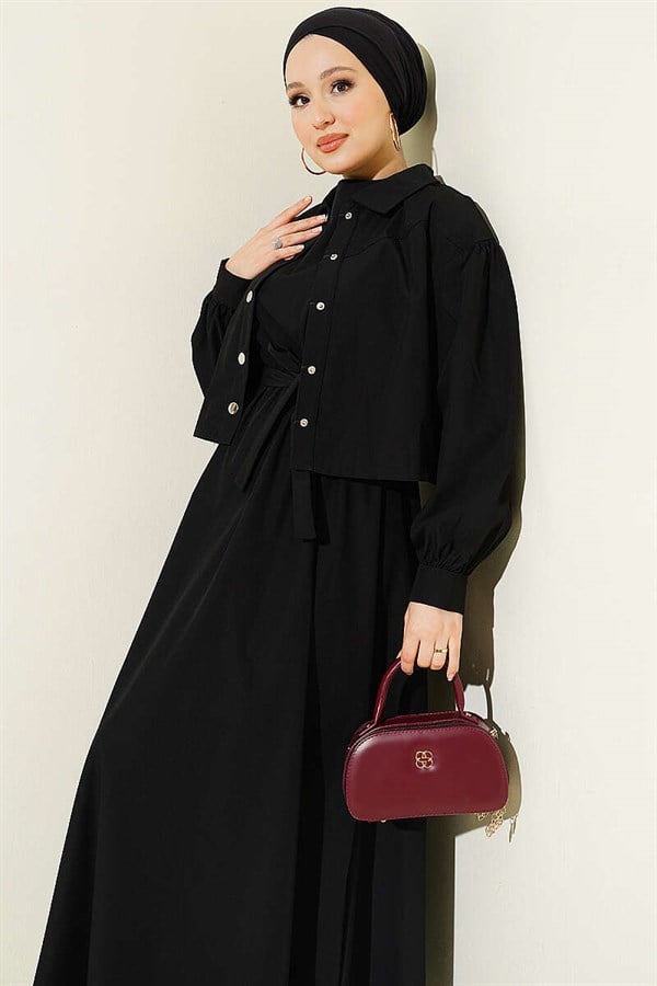Snap Button Jacket and Vest 2 Piece Set, Black