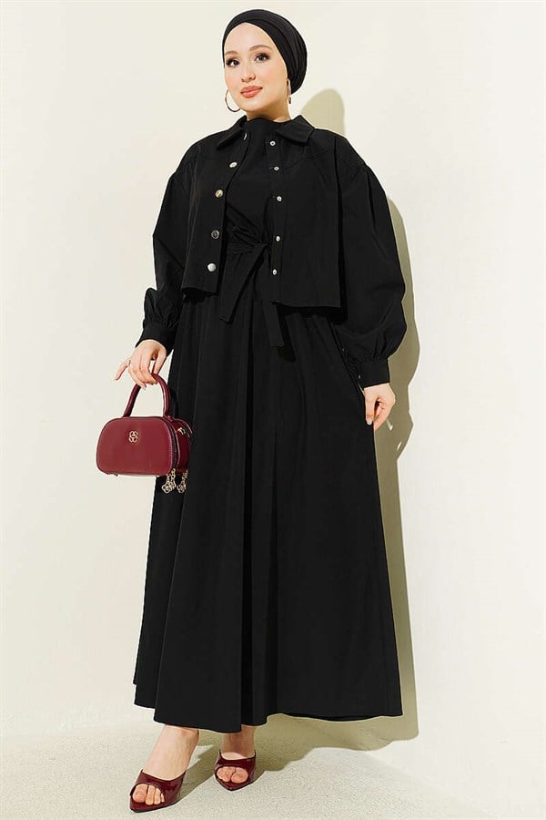 Snap Button Jacket and Vest 2 Piece Set, Black