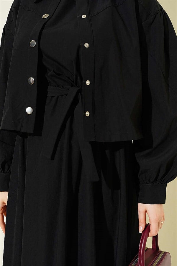 Snap Button Jacket and Vest 2 Piece Set, Black