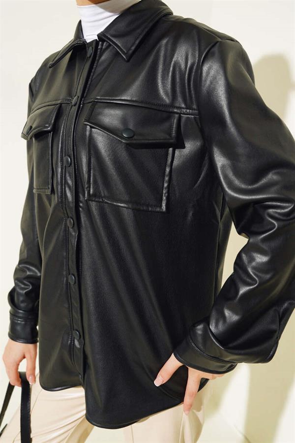 Snap Button Pocket Leather Shirt Black