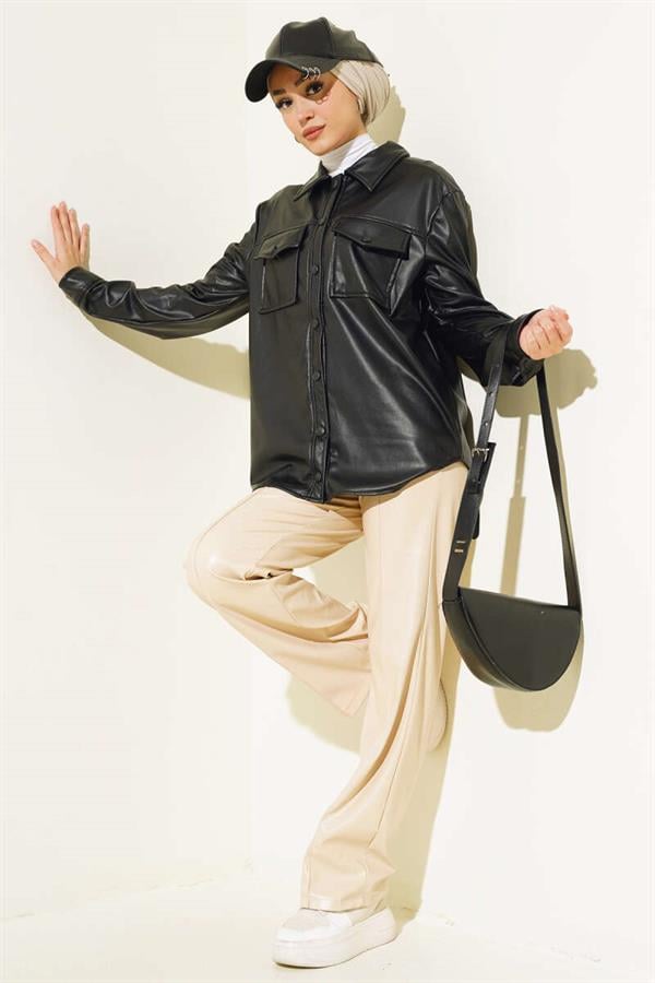 Snap Button Pocket Leather Shirt Black