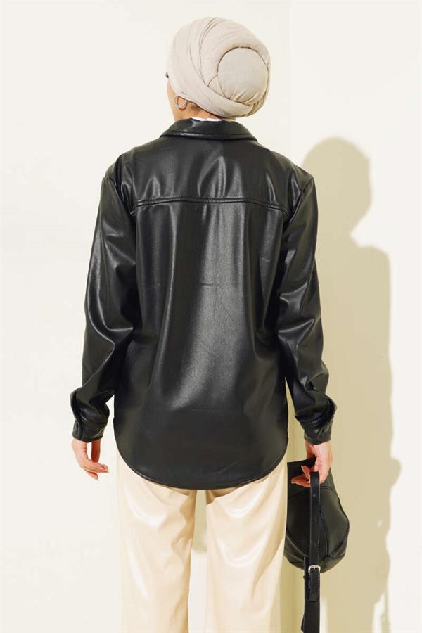 Snap Button Pocket Leather Shirt Black