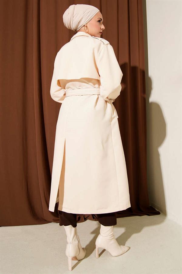 Snap Button Leather Detailed Trench Coat Ecru
