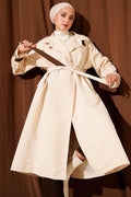 Snap Button Leather Detailed Trench Coat Ecru
