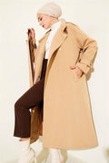 Leather Detailed Trench Coat with Snap Buttons Latte