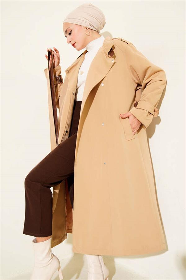 Leather Detailed Trench Coat with Snap Buttons Latte