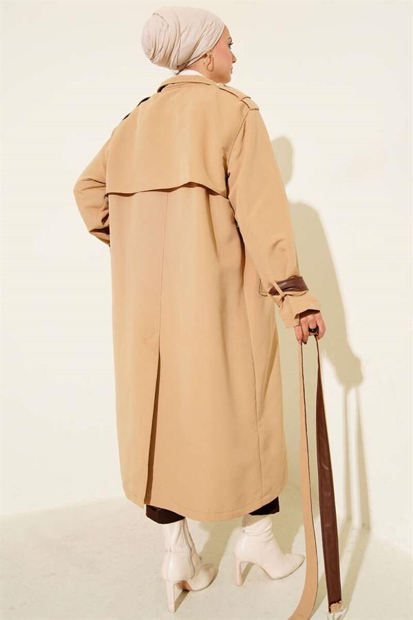 Leather Detailed Trench Coat with Snap Buttons Latte
