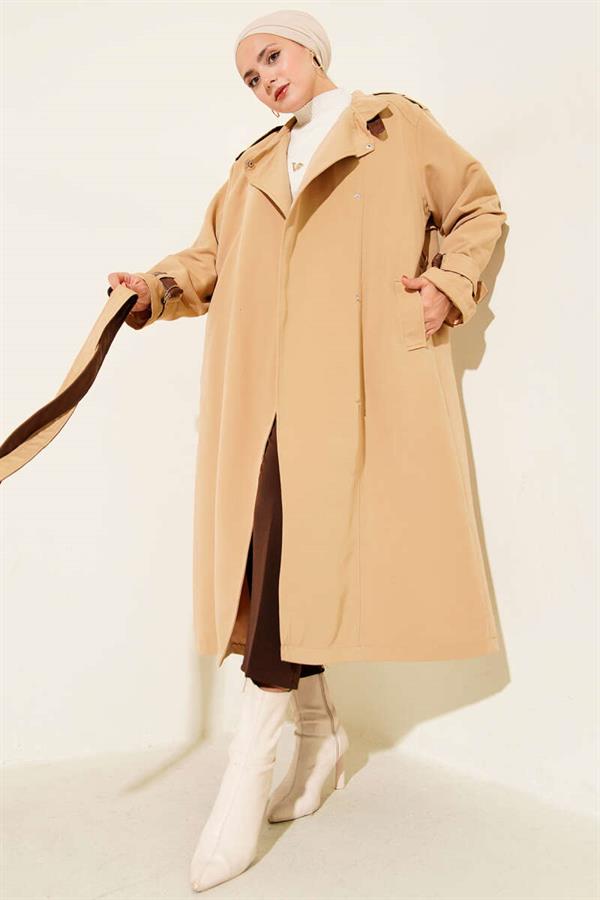 Leather Detailed Trench Coat with Snap Buttons Latte