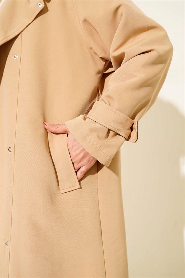 Leather Detailed Trench Coat with Snap Buttons Latte