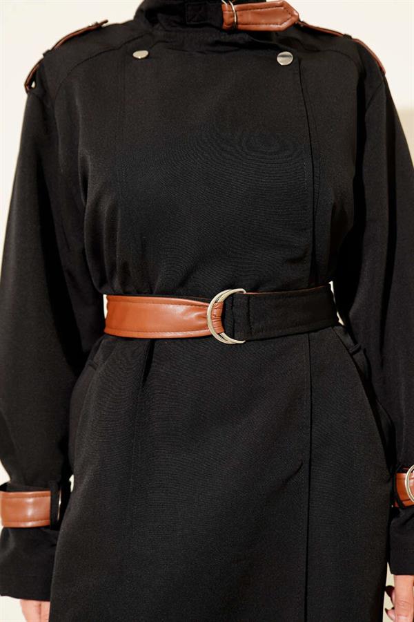 Snap Button Leather Detailed Trench Coat Black