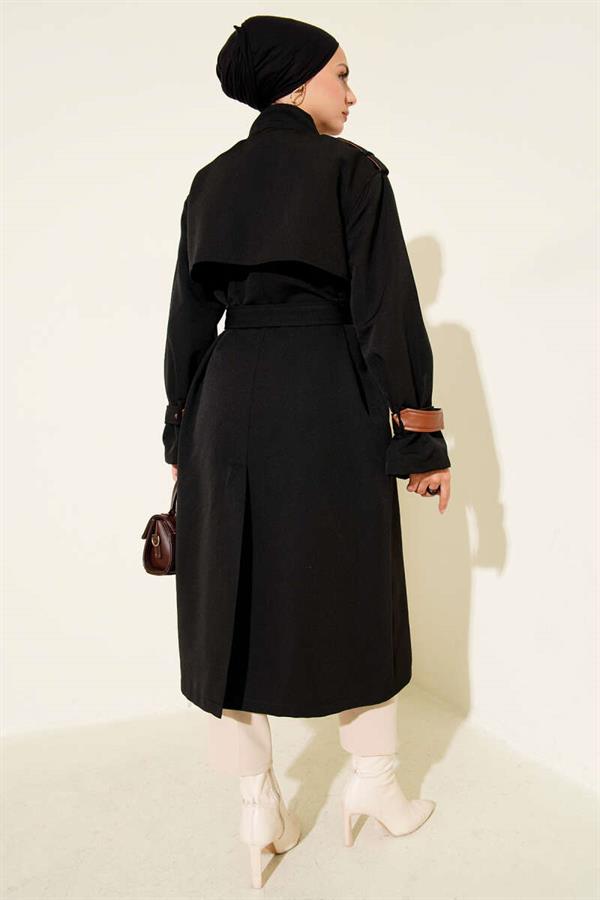 Snap Button Leather Detailed Trench Coat Black