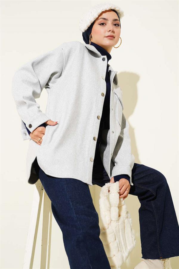 Snap Button Shirt Collar Cashmere Jacket Light Gray