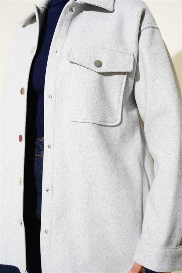 Snap Button Shirt Collar Cashmere Jacket Light Gray