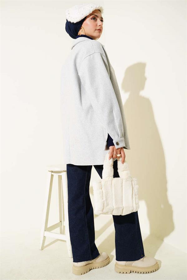 Snap Button Shirt Collar Cashmere Jacket Light Gray