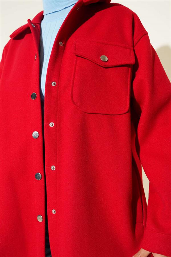 Snap Button Shirt Collar Cashmere Jacket Red