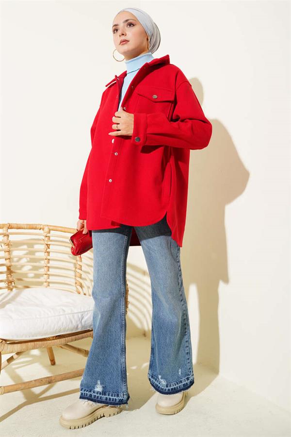 Snap Button Shirt Collar Cashmere Jacket Red