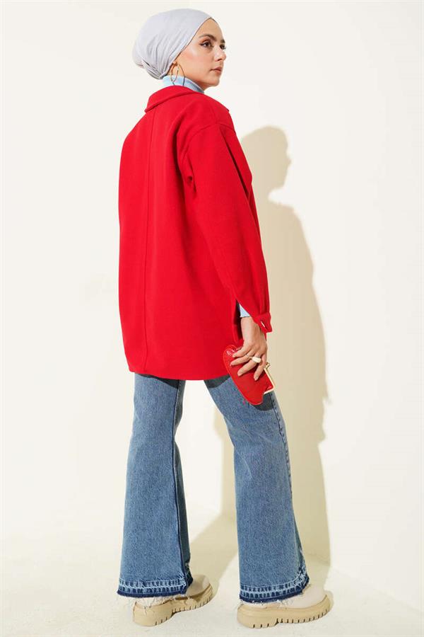 Snap Button Shirt Collar Cashmere Jacket Red