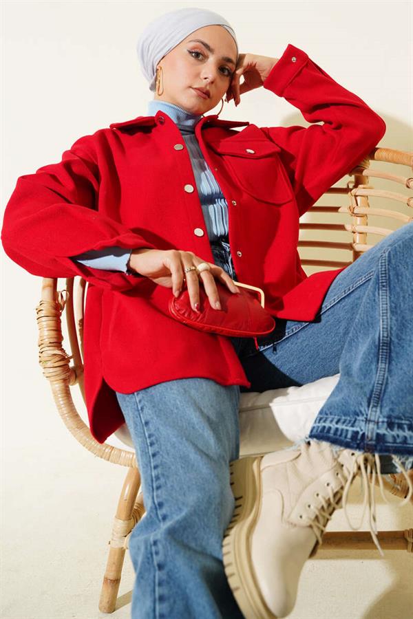 Snap Button Shirt Collar Cashmere Jacket Red